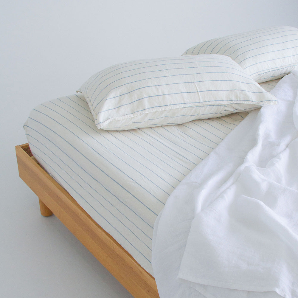European Linen Fitted Sheet - Lake Stripe