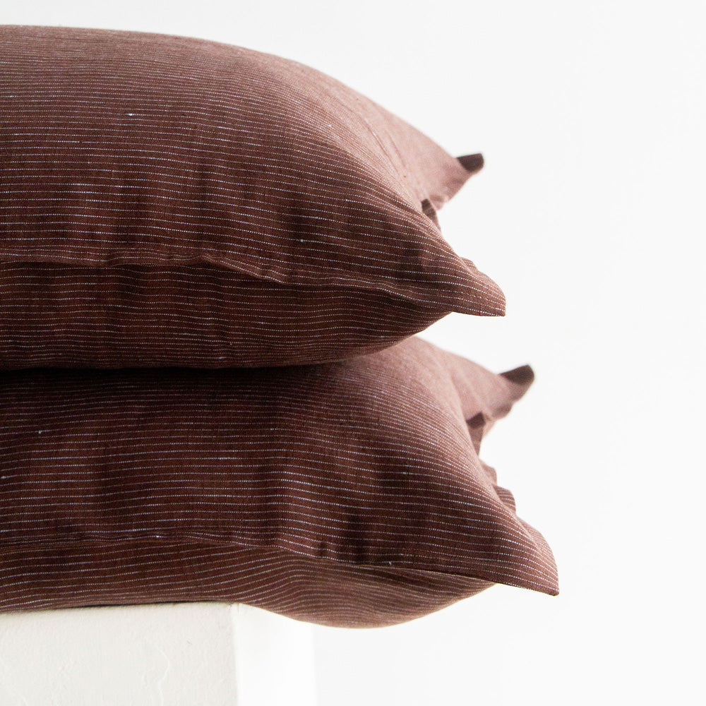 Linen Pillowcases - Chocolate/Blue Stripe