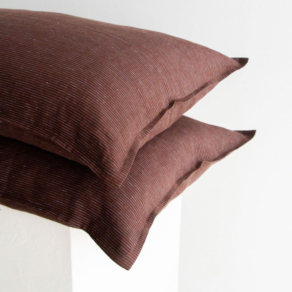 Linen Pillowcases - Chocolate/Blue Stripe