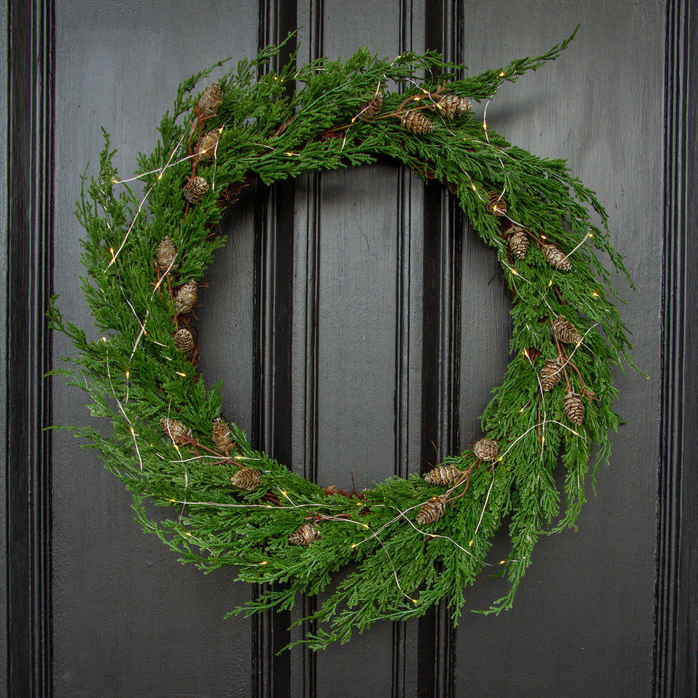 Cedar & Pinecone Wreath with Lights