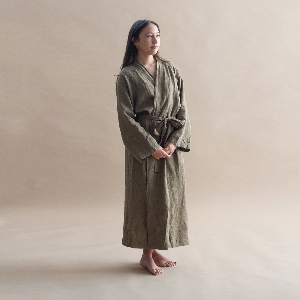 Linen Robe - Olive Pinstripe