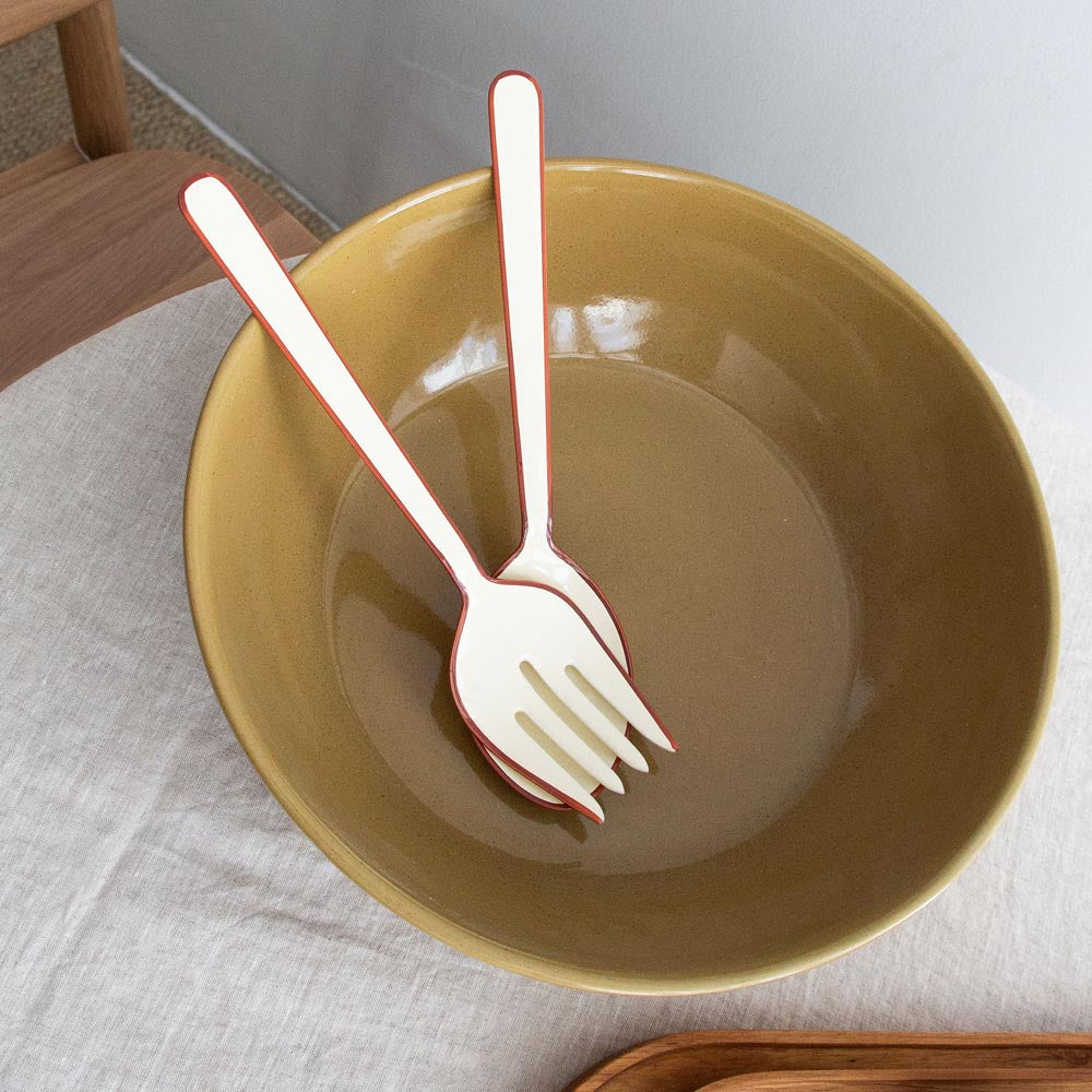 Alder Enamel Salad Servers - Cream