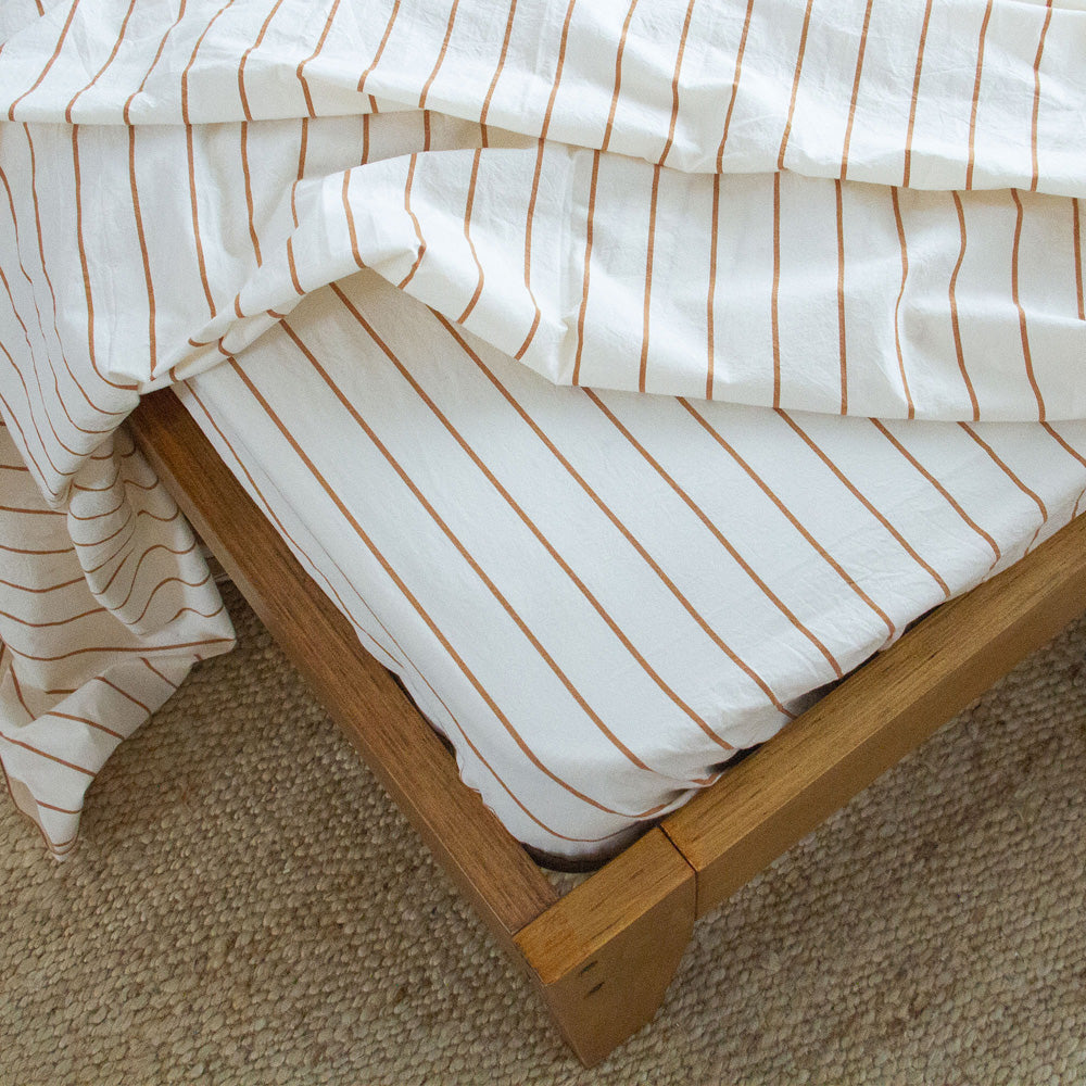 Stonewash Cotton Fitted Sheet, King Single - Cedar Stripe