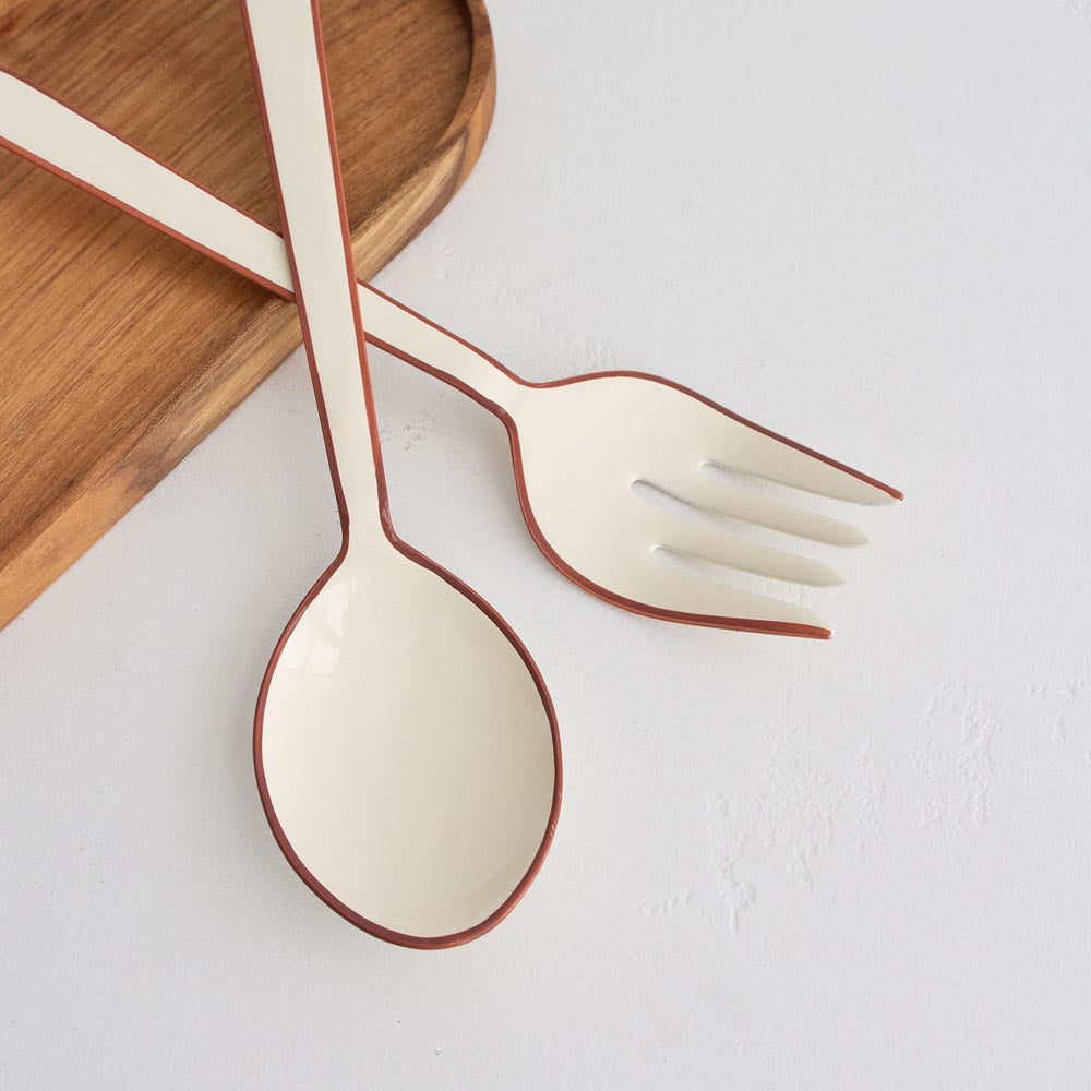 Alder Enamel Salad Servers - Cream