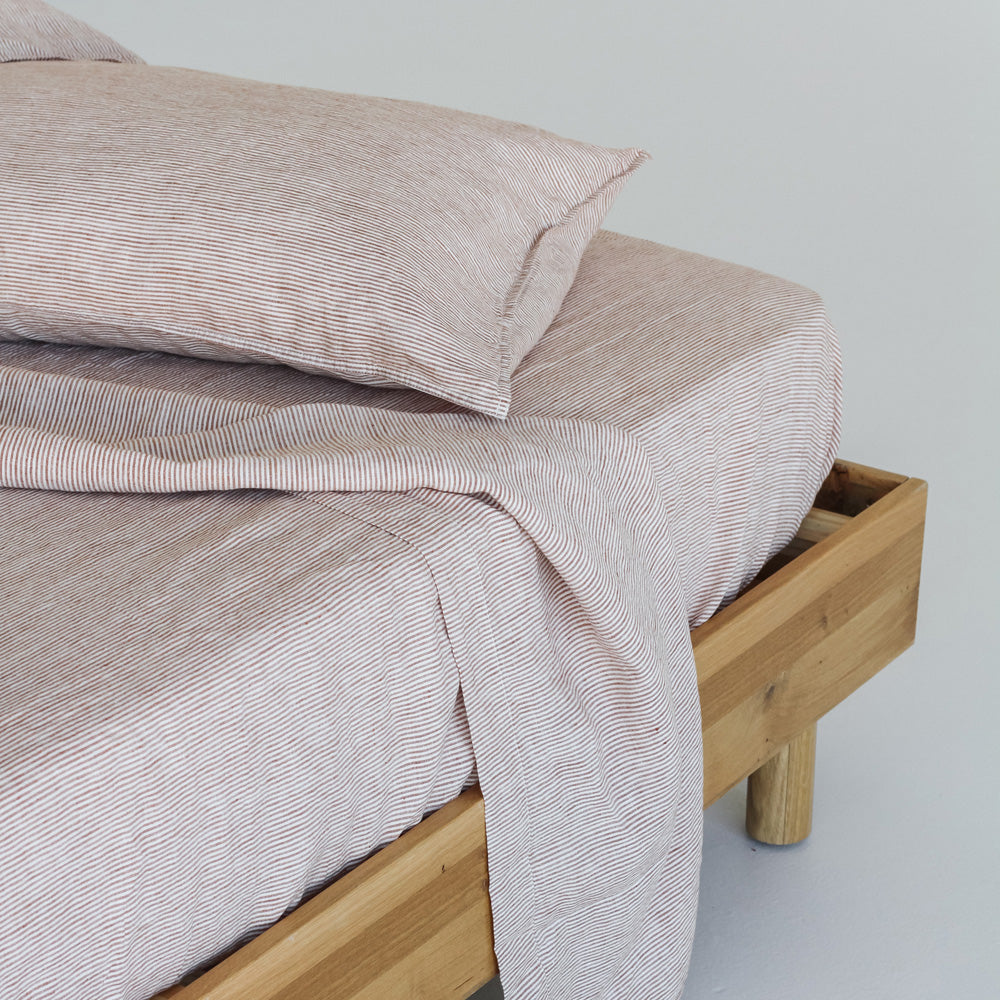 European Linen Fitted Sheet - Mini Terracotta Stripe