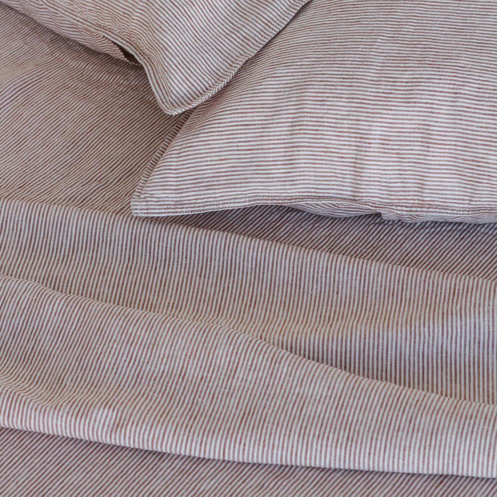 European Linen Fitted Sheet - Mini Terracotta Stripe