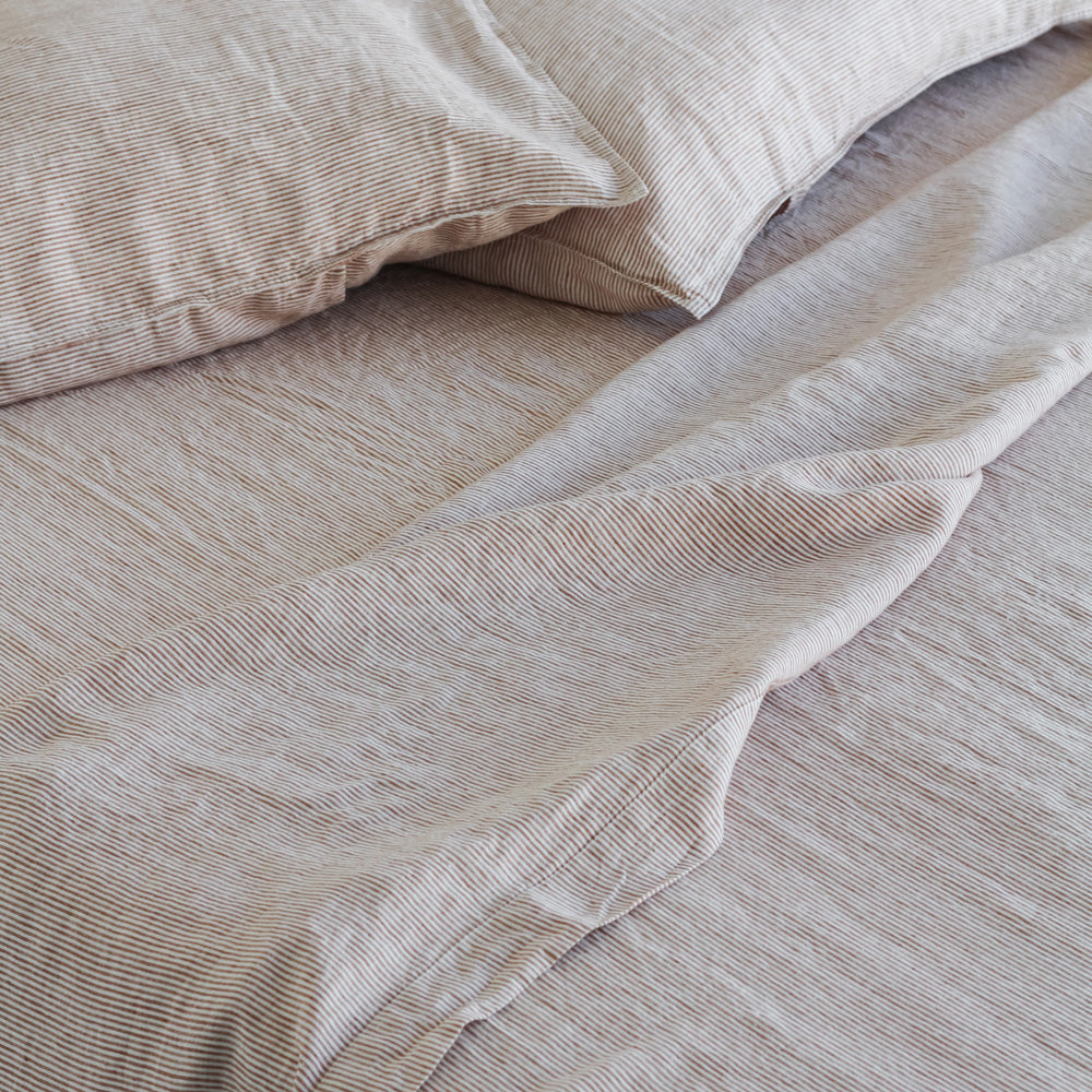 European Linen Flat Sheet - Mini Terracotta Stripe