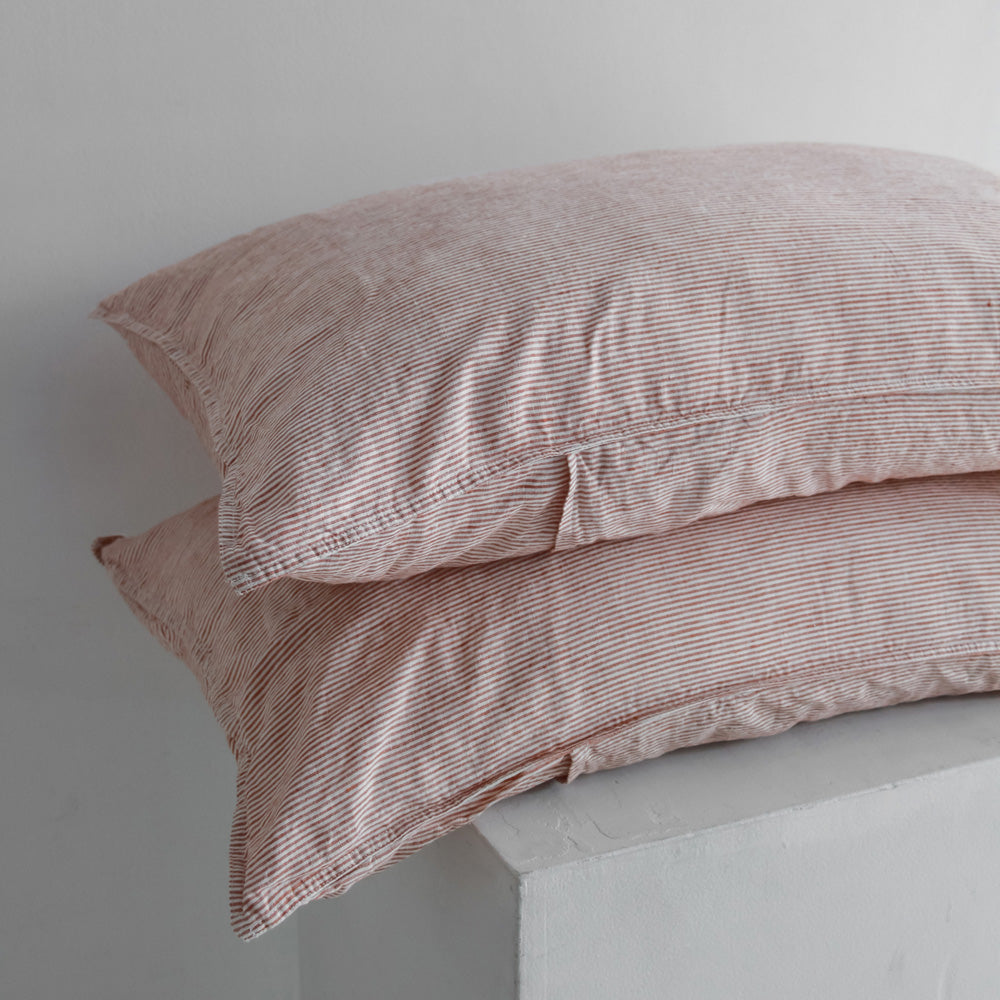 Linen Pillowcases - Mini Terracotta Stripe