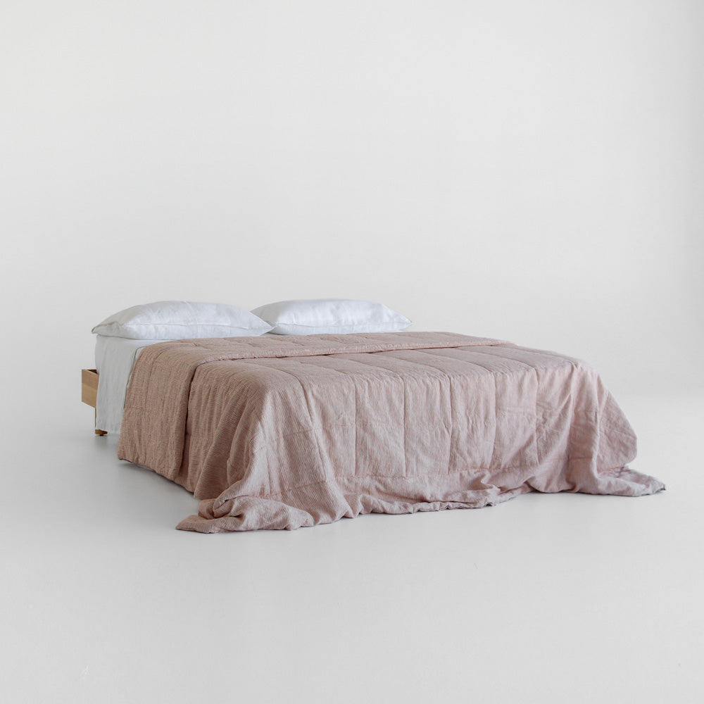 Linen Quilted Bedcover - Mini Terracotta Stripe