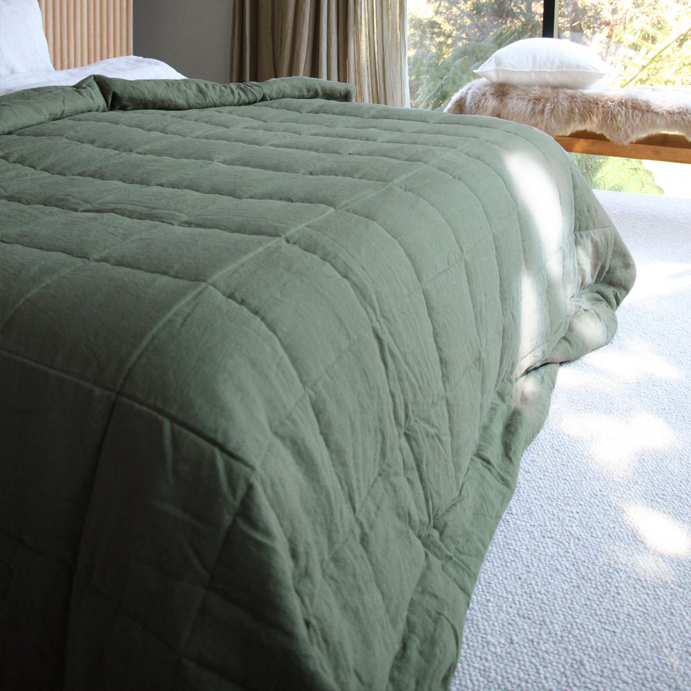 Linen Quilted Bedcover - Rosemary