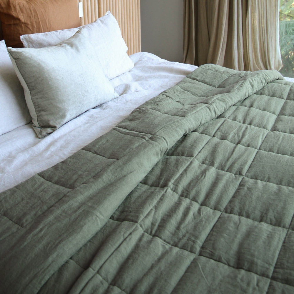 Linen Quilted Bedcover - Rosemary