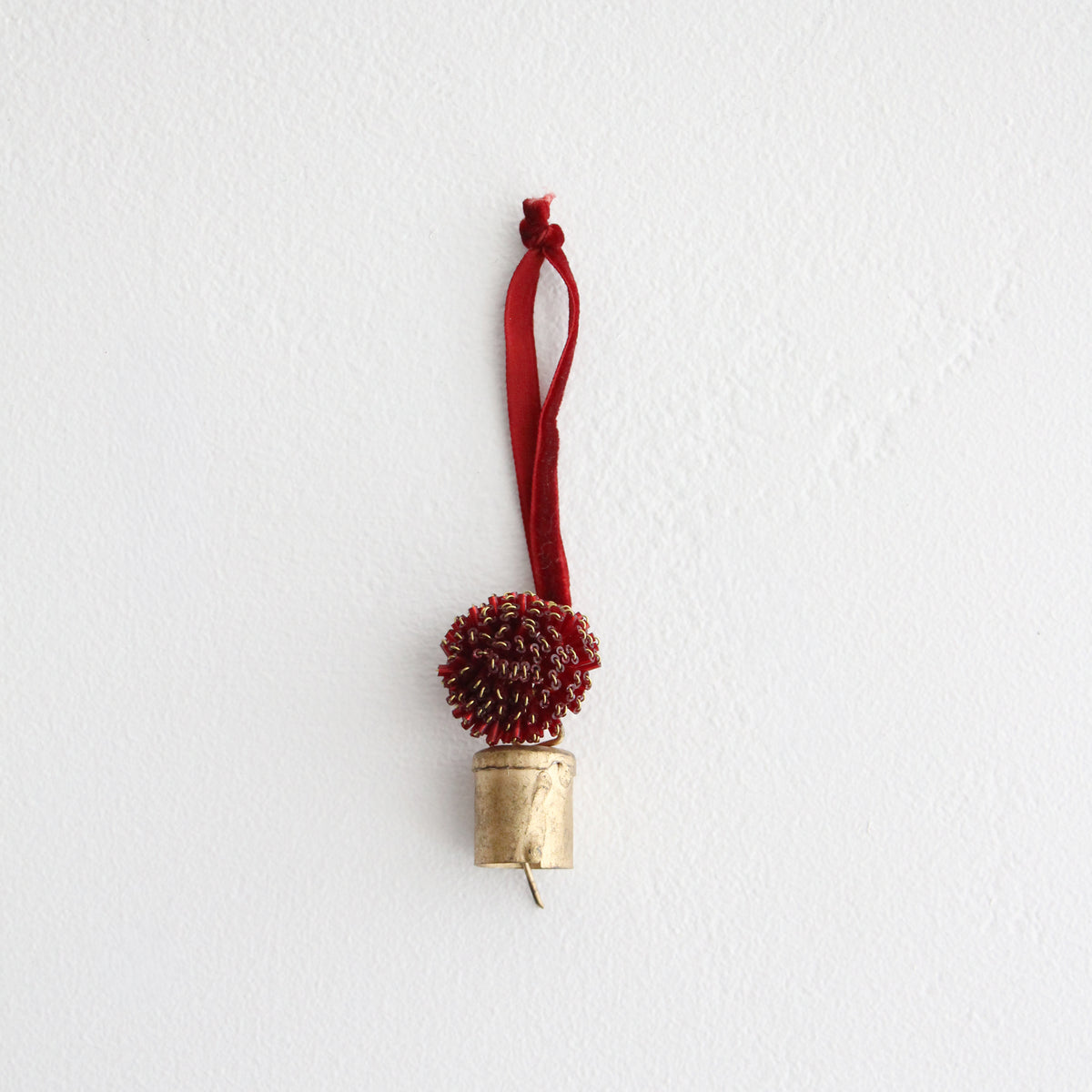 Beaded Pompom Bell Decoration - Red