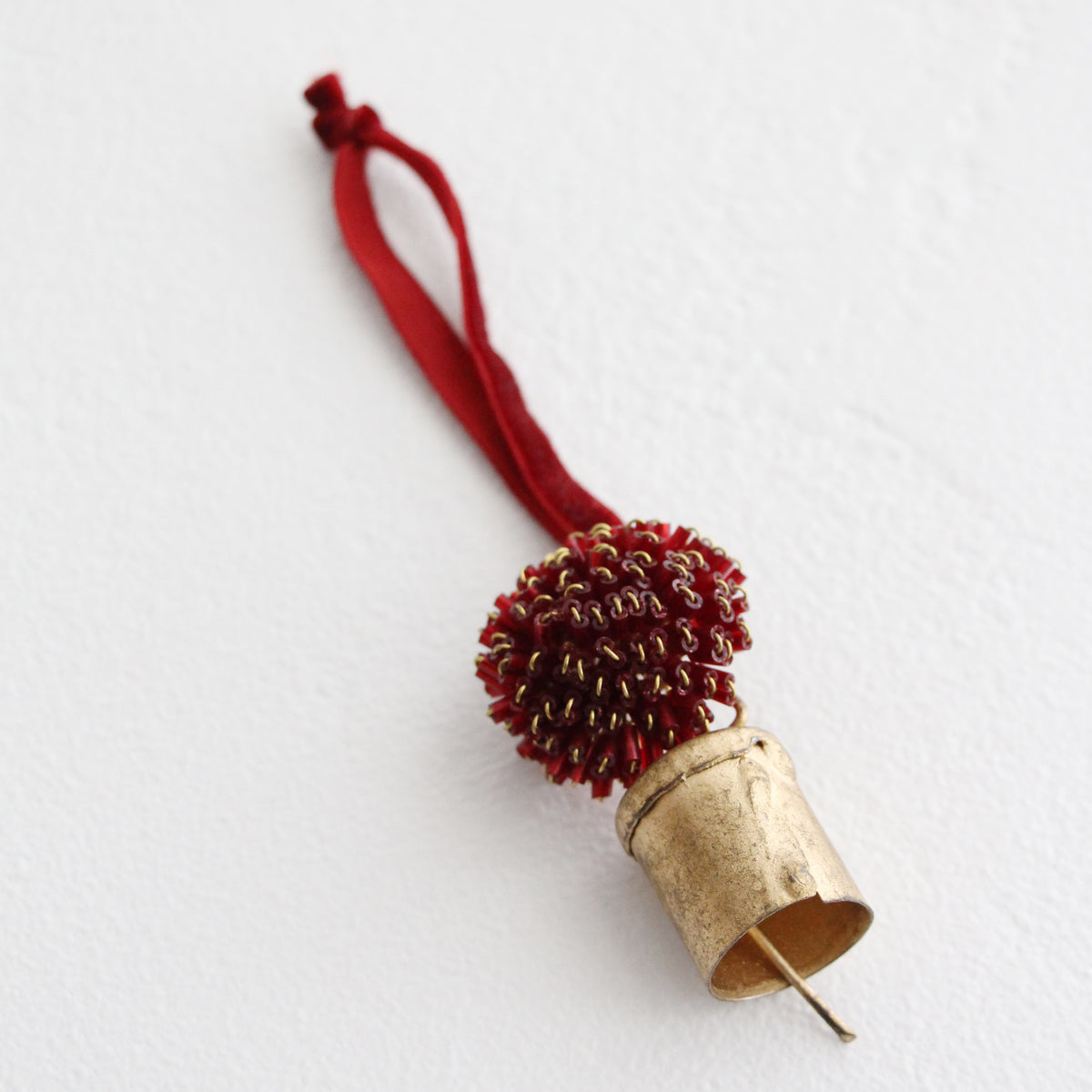 Beaded Pompom Bell Decoration - Red