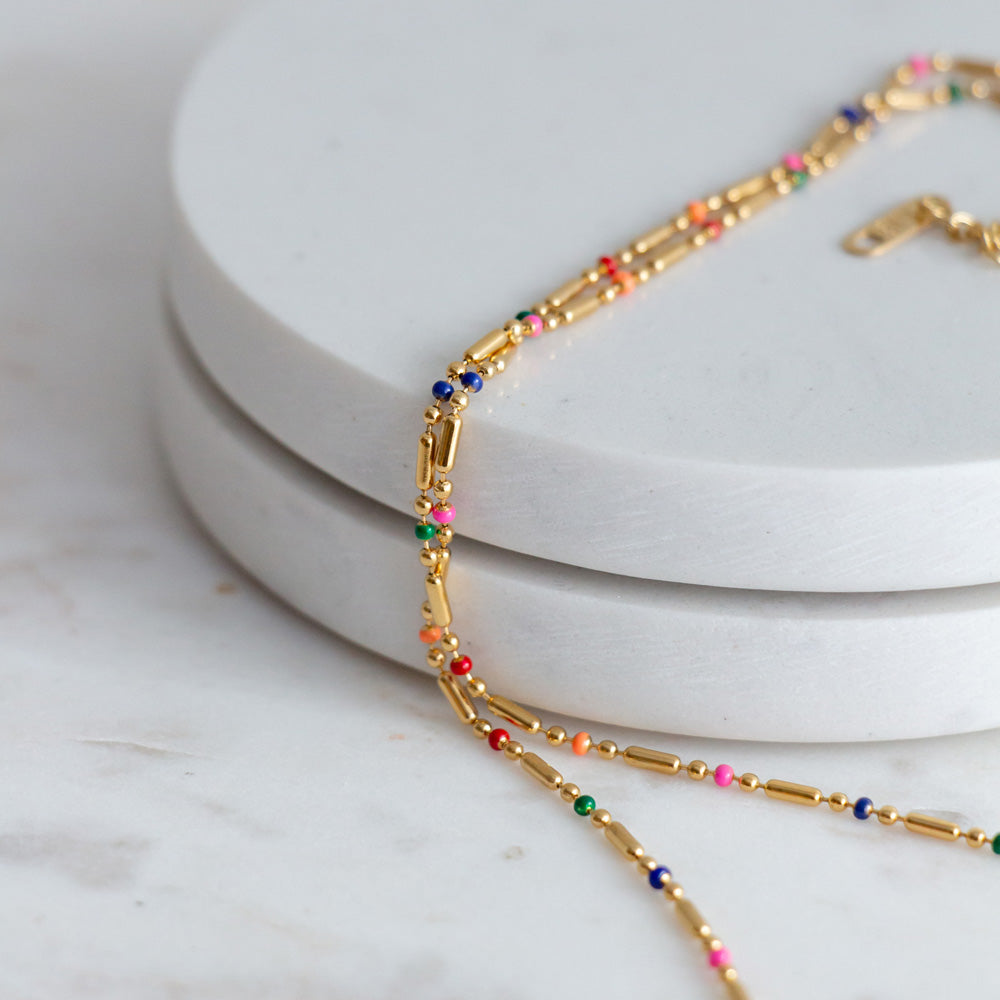 Coloured Bead Chain Necklace - Gold