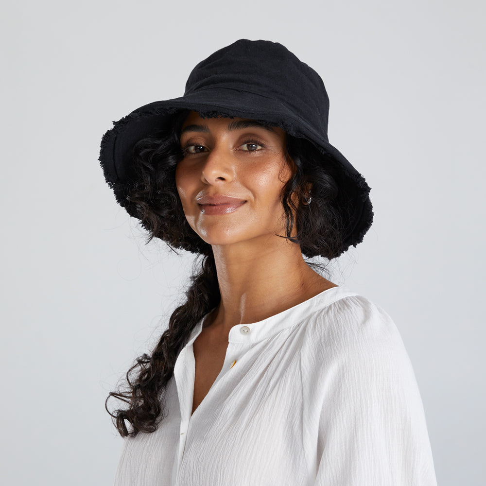 Cotton Frayed Hem Bucket Hat - Black
