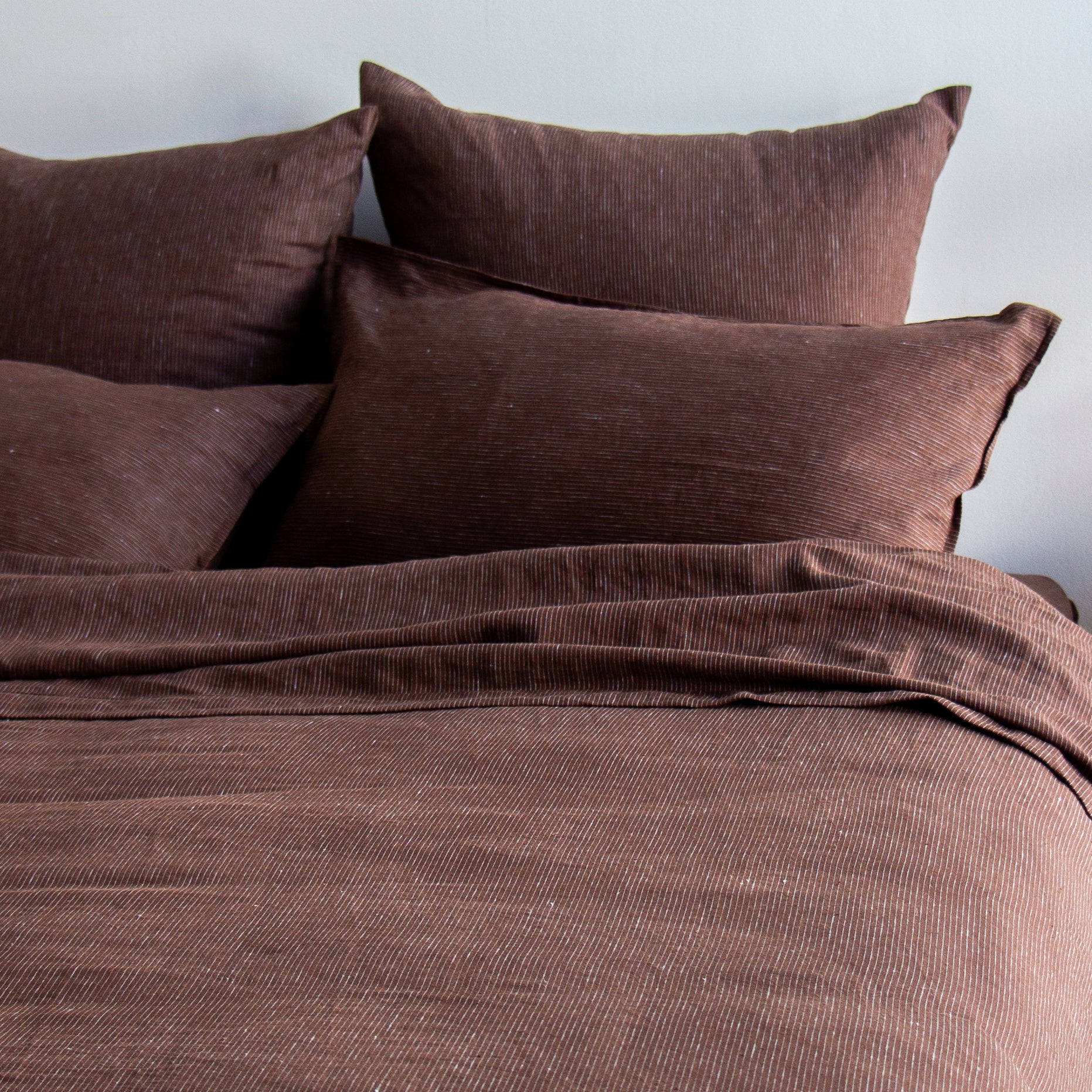 European Linen Duvet - Chocolate/Blue Stripe