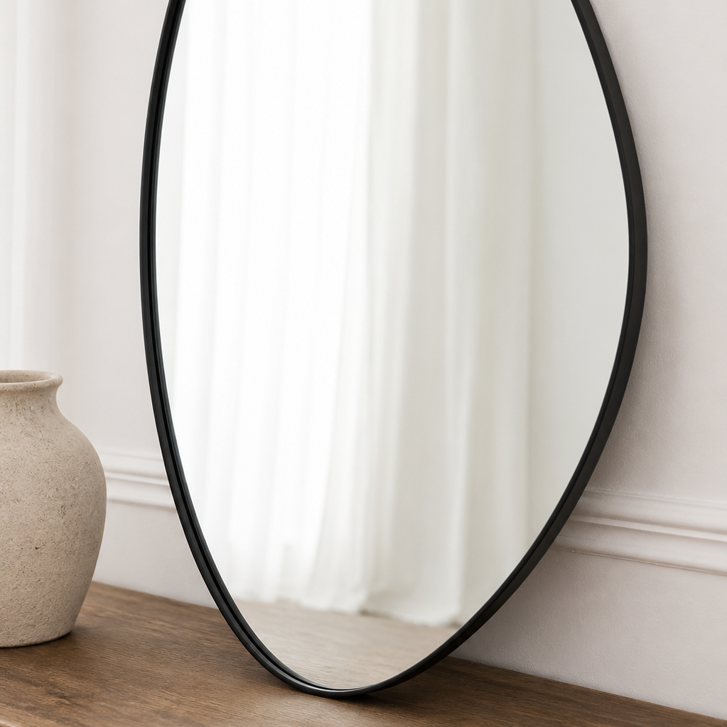 Large oval mirror with black frame on a wooden surface against a white wall.