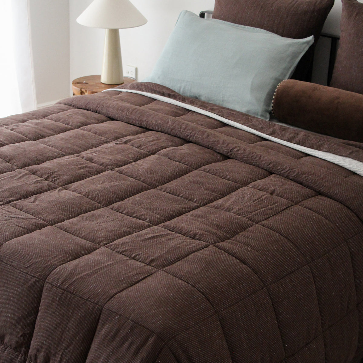 Linen Quilted Bedcover - Chocolate/Blue Stripe