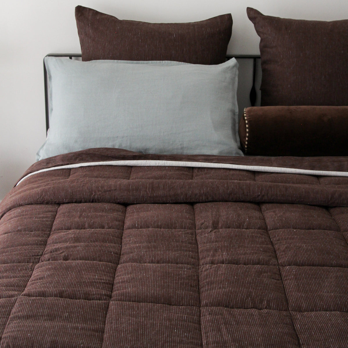 Linen Quilted Bedcover - Chocolate/Blue Stripe