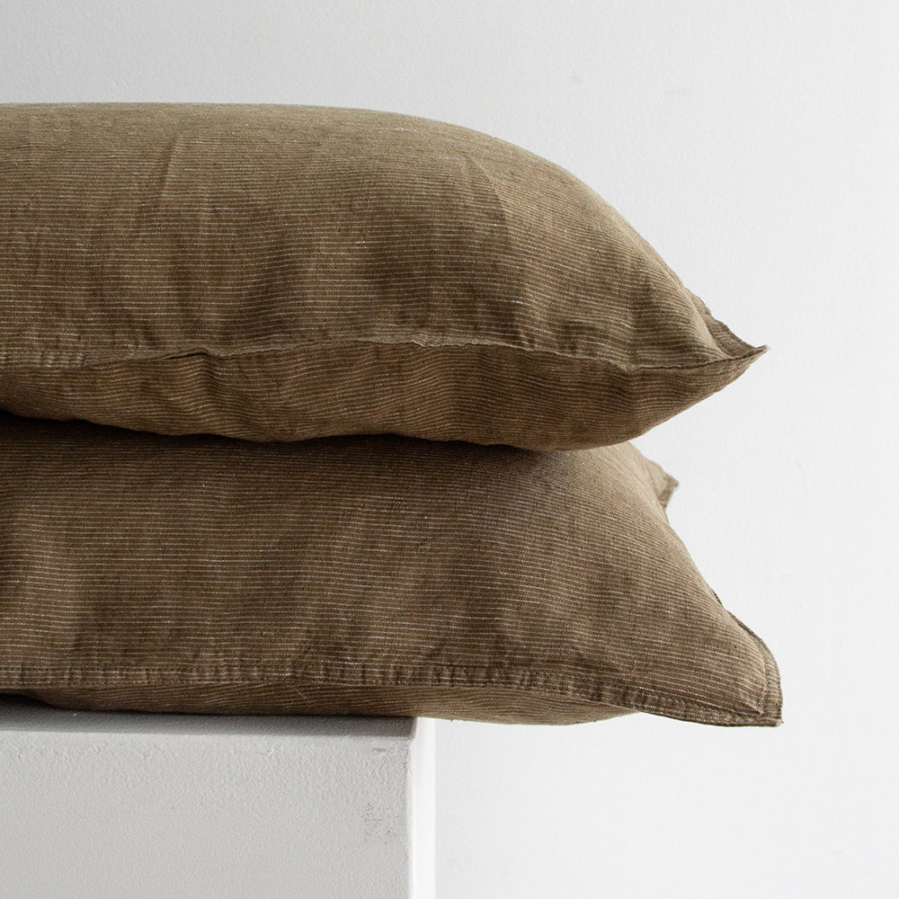 Linen Pillowcases - Olive Pinstripe