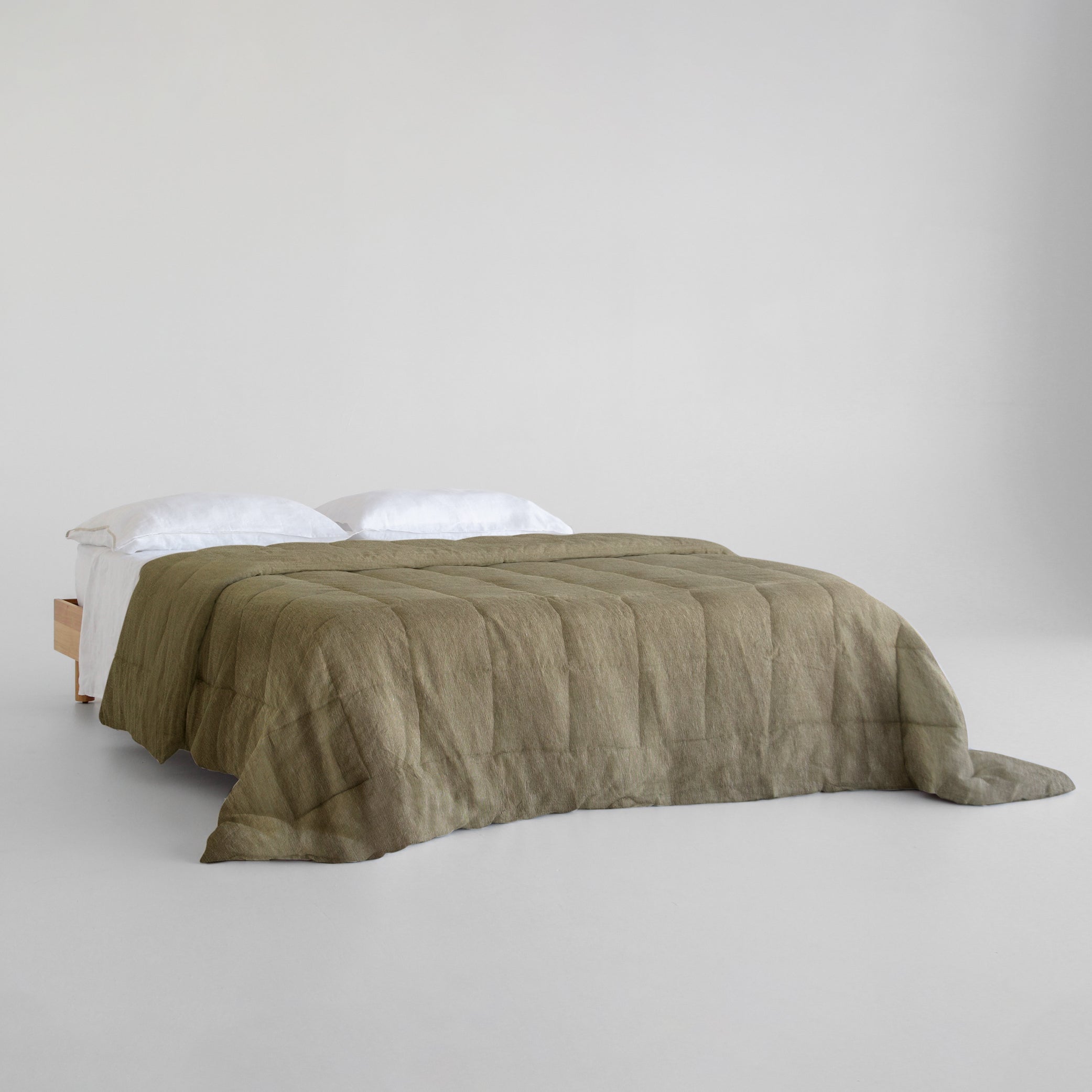 Linen Quilted Bedcover - Olive Pinstripe