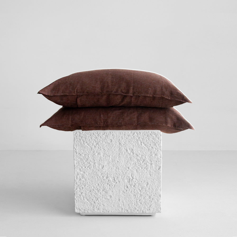 Linen Pillowcases - Chocolate/Blue Stripe