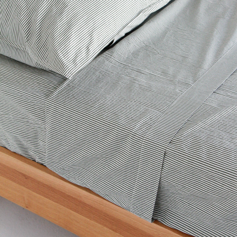 Stonewash Cotton Flat Sheet- Pine Mini Stripe