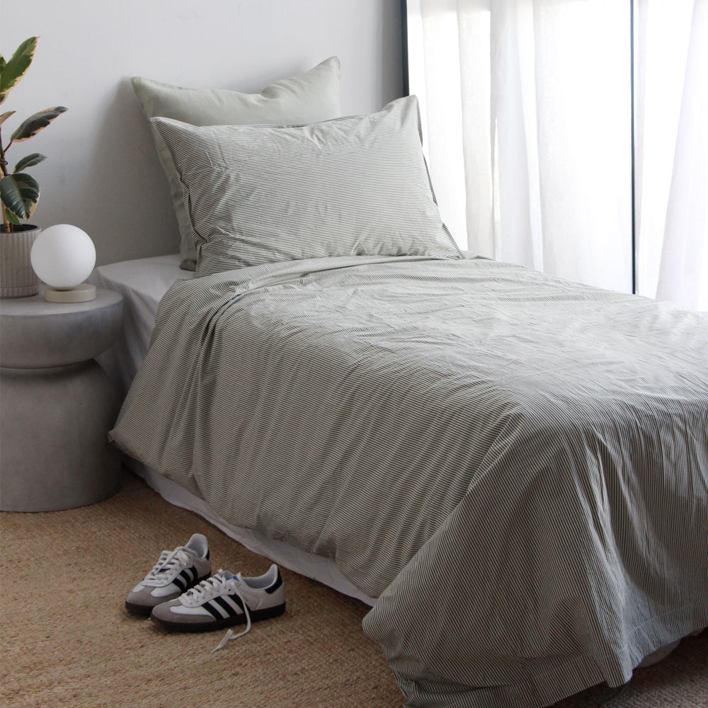 Stonewash Cotton Duvet Set - Pine Mini Stripe, King Single