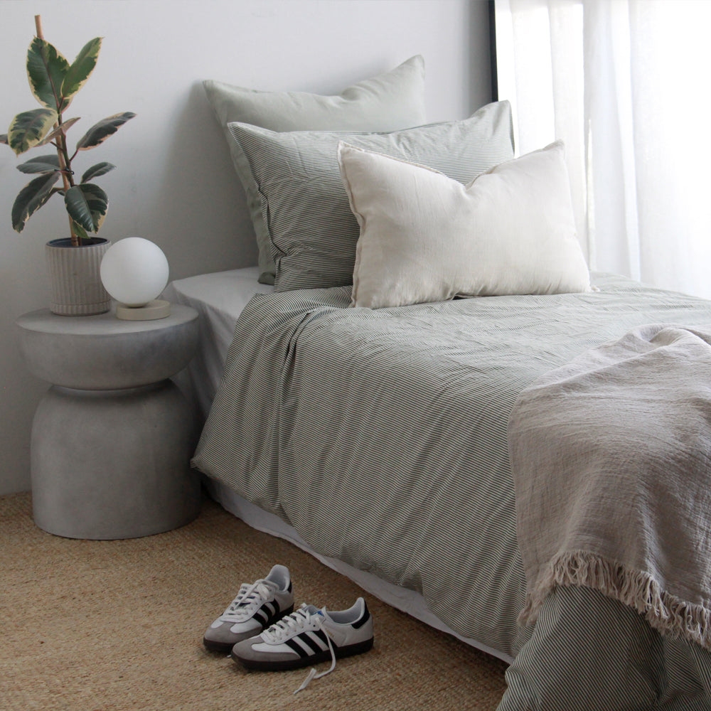 Stonewash Cotton Duvet Set - Pine Mini Stripe, King Single