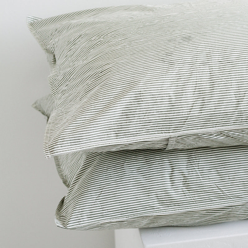 Stonewash Cotton Pillowcase Pair - Pine Mini Stripe