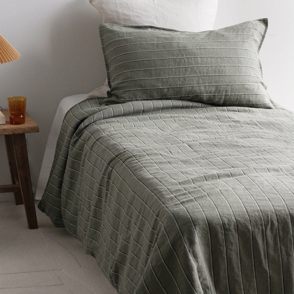 Linen Duvet Set - Rosemary Dual Stripe, King Single