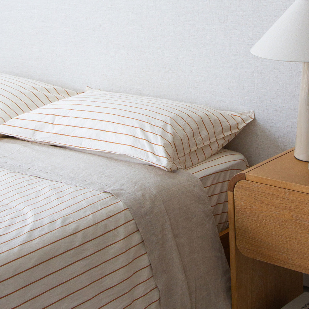 Stonewash Cotton Fitted Sheet - Cedar Stripe
