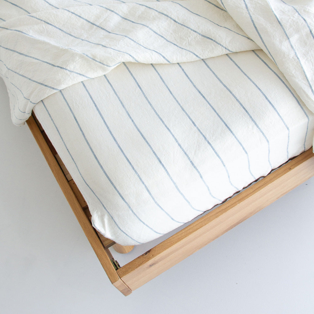 European Linen Fitted Sheet - Lake Stripe