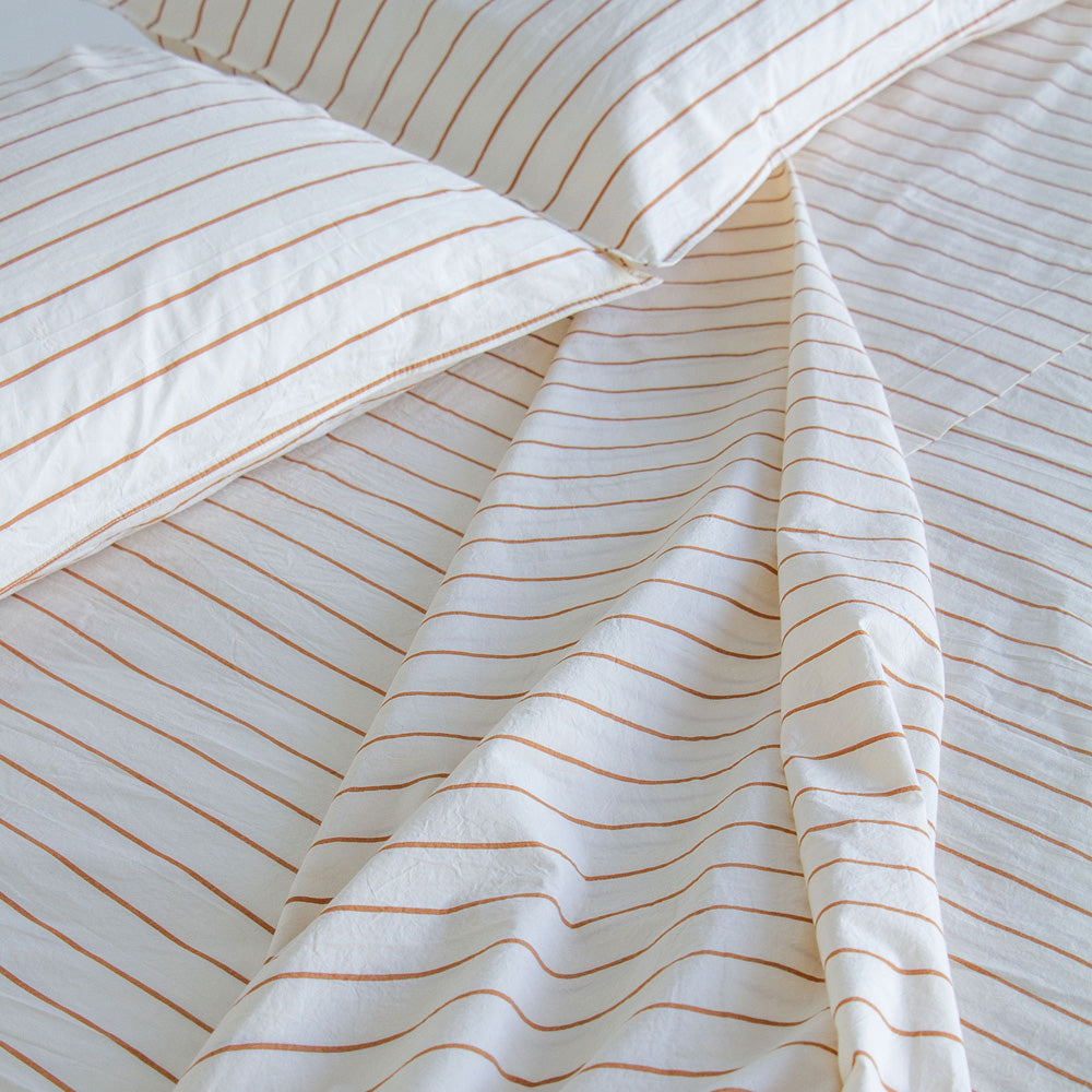 Stonewash Cotton Flat Sheet - Cedar Stripe