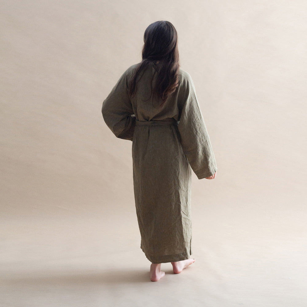 Linen Robe - Olive Pinstripe