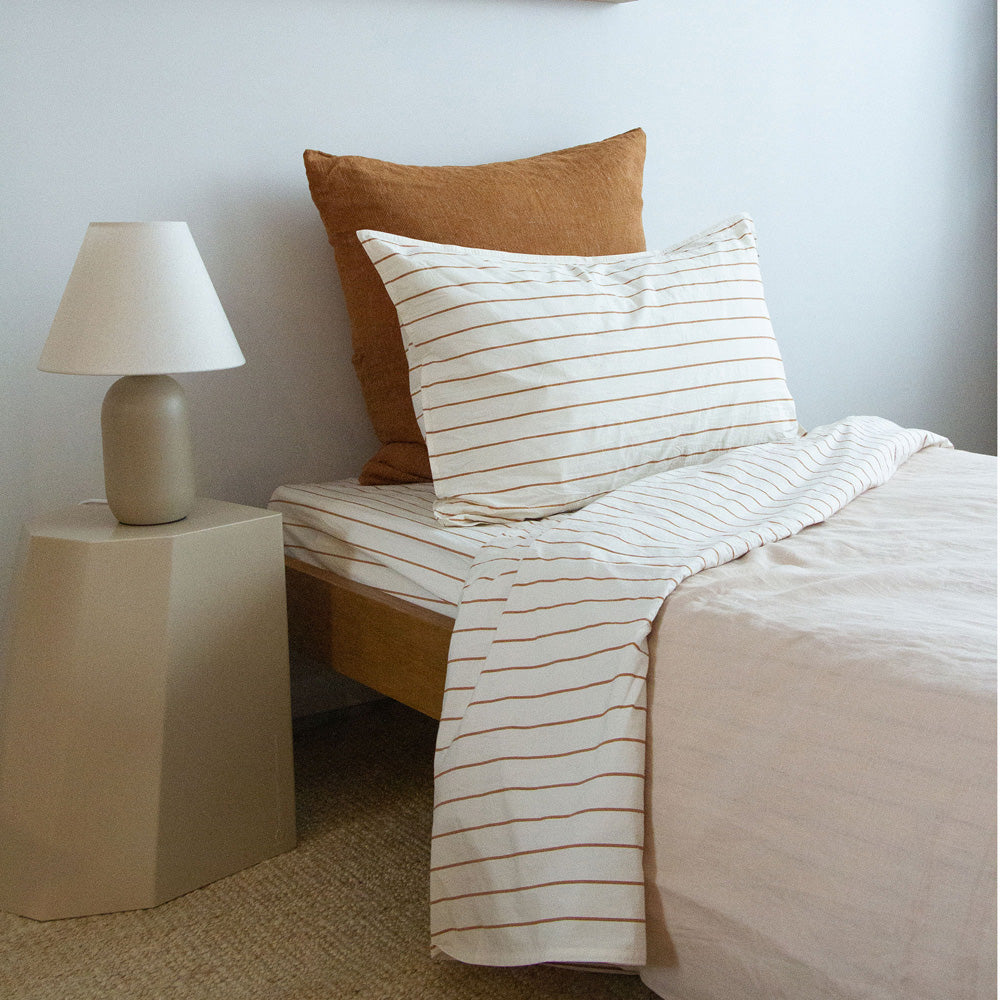 Stonewash Cotton Flat Sheet, King Single - Cedar Stripe