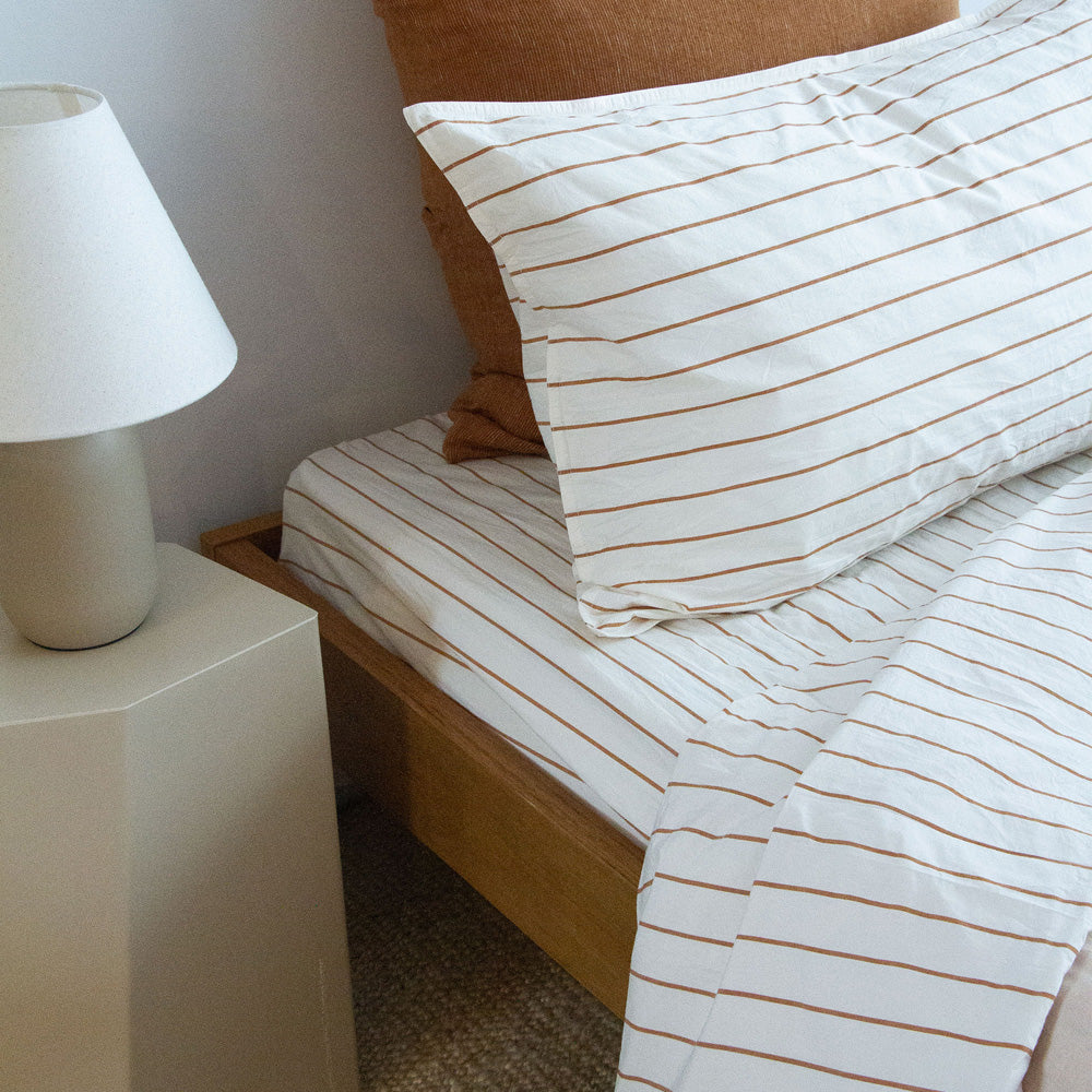 Stonewash Cotton Fitted Sheet, King Single - Cedar Stripe