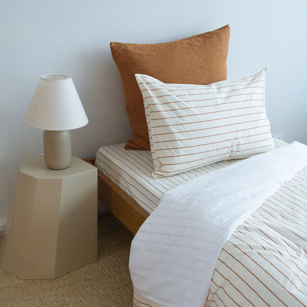 Stonewash Cotton Fitted Sheet, King Single - Cedar Stripe