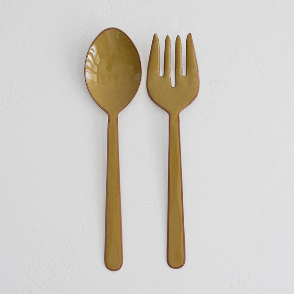 Alder Enamel Salad Servers - Olive
