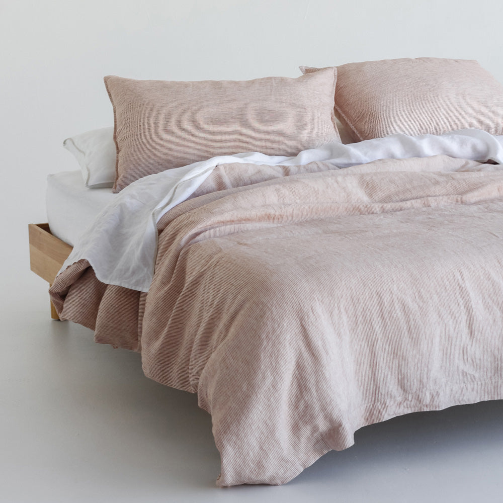 European Linen Duvet Cover - Mini Terracotta Stripe