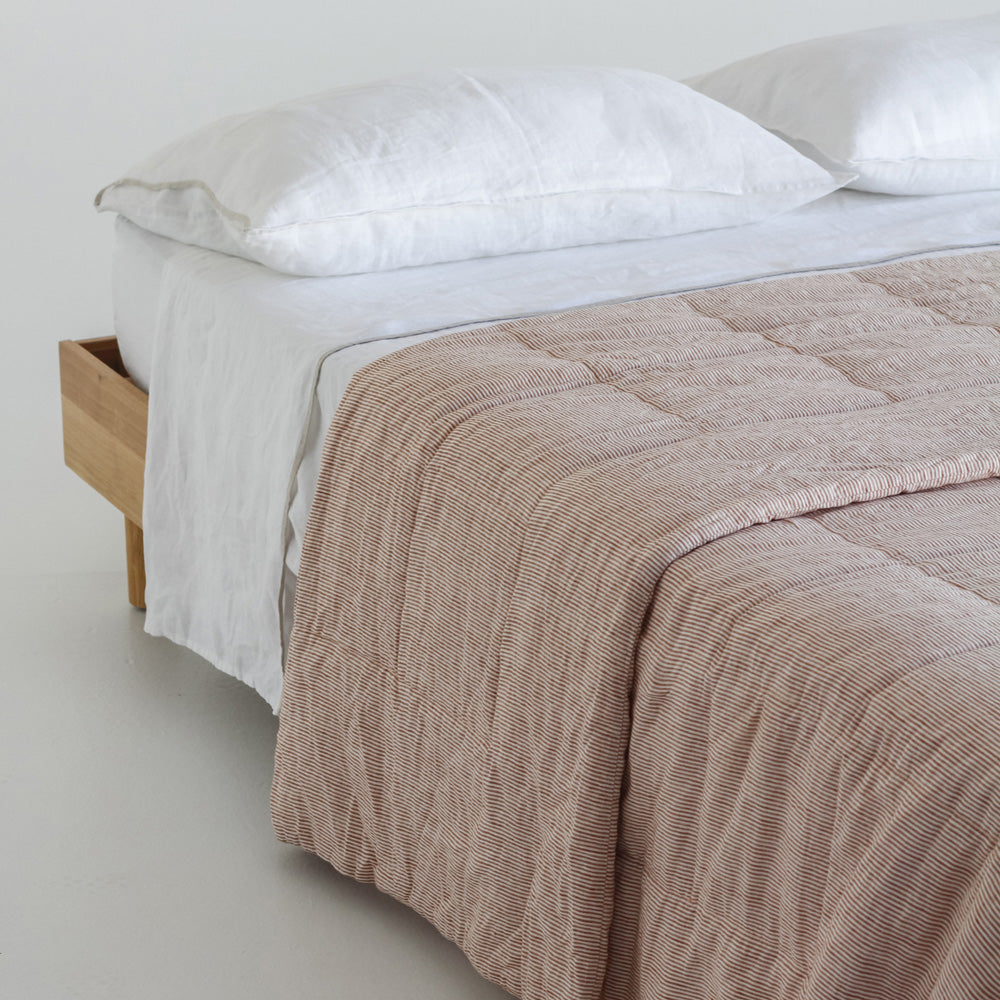 Linen Quilted Bedcover - Mini Terracotta Stripe