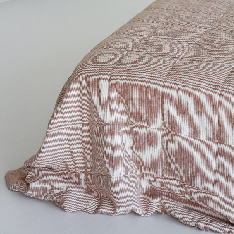 Linen Quilted Bedcover - Mini Terracotta Stripe