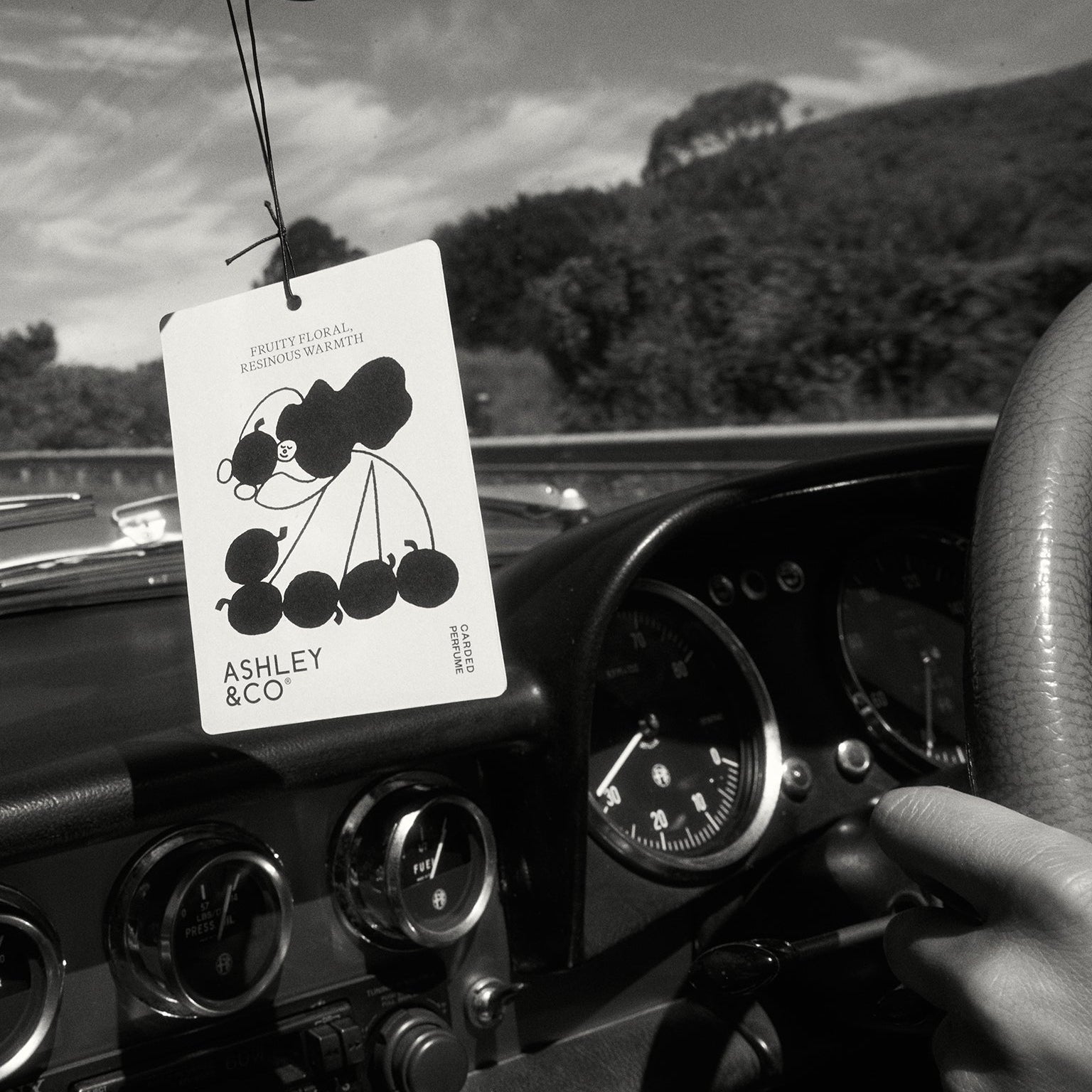 Car interior with a hanging air freshener labeled 'Ashley & Co' featuring cherries.