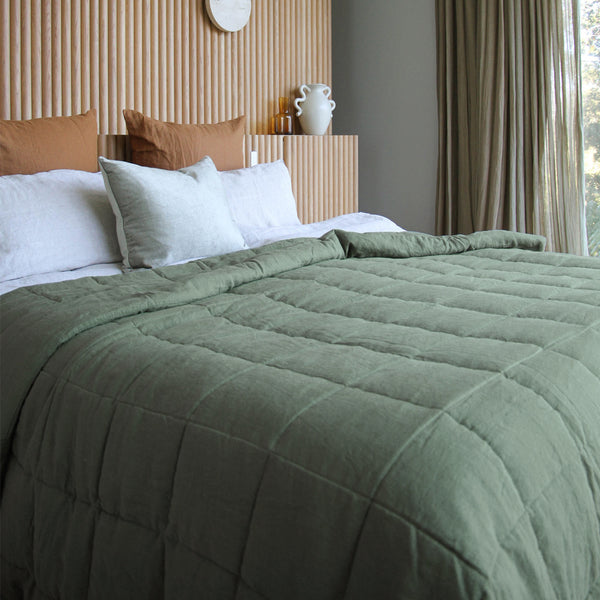 Linen Quilted Bedcover  - Rosemary