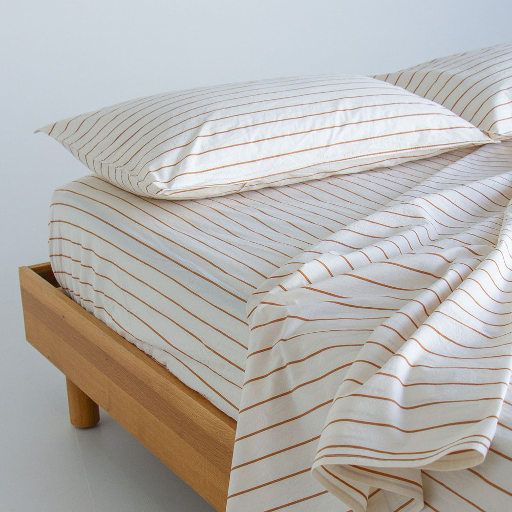 Stonewash Cotton Fitted Sheet - Cedar Stripe