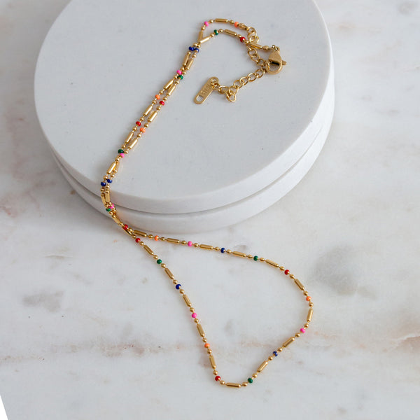 Coloured Bead Chain Necklace - Gold