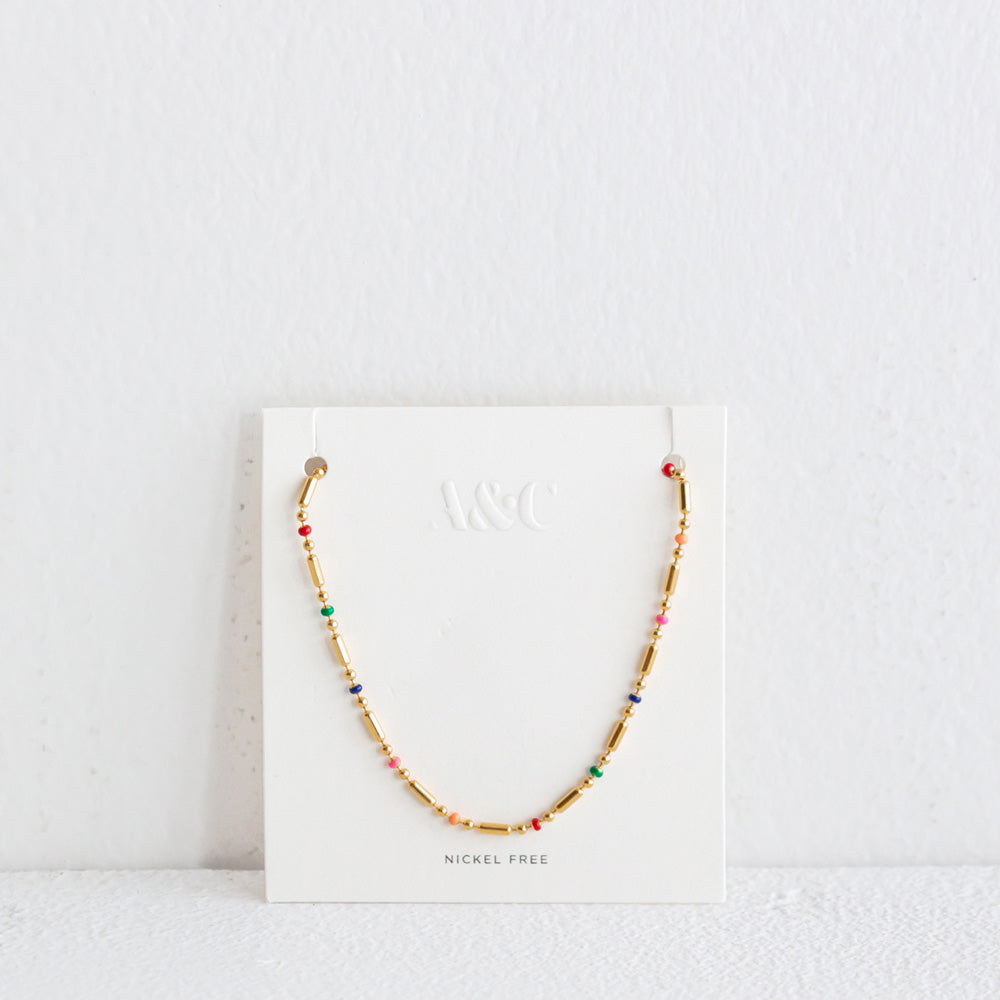 Coloured Bead Chain Necklace - Gold