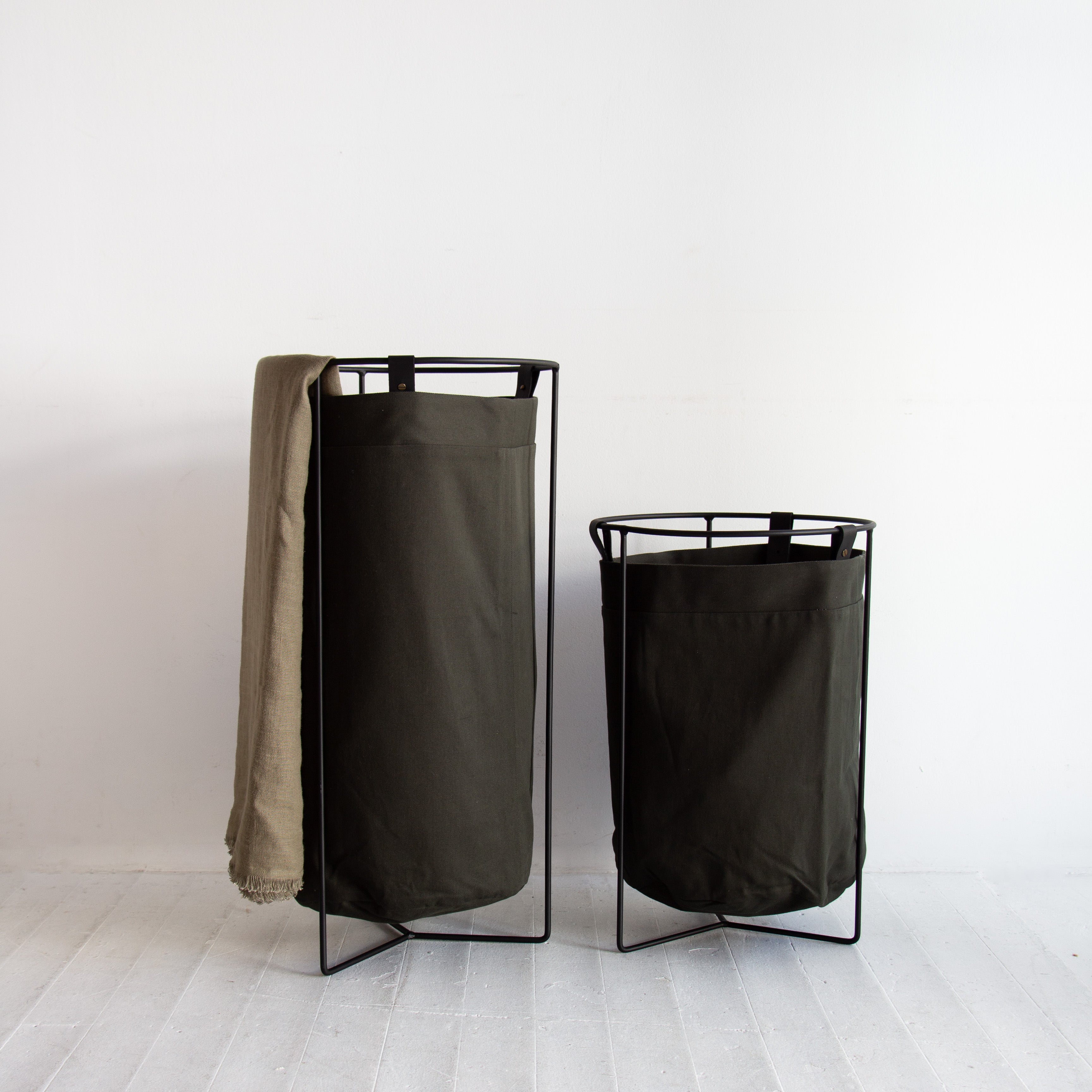 Dark Olive Linen Laundry Basket - Black Frame