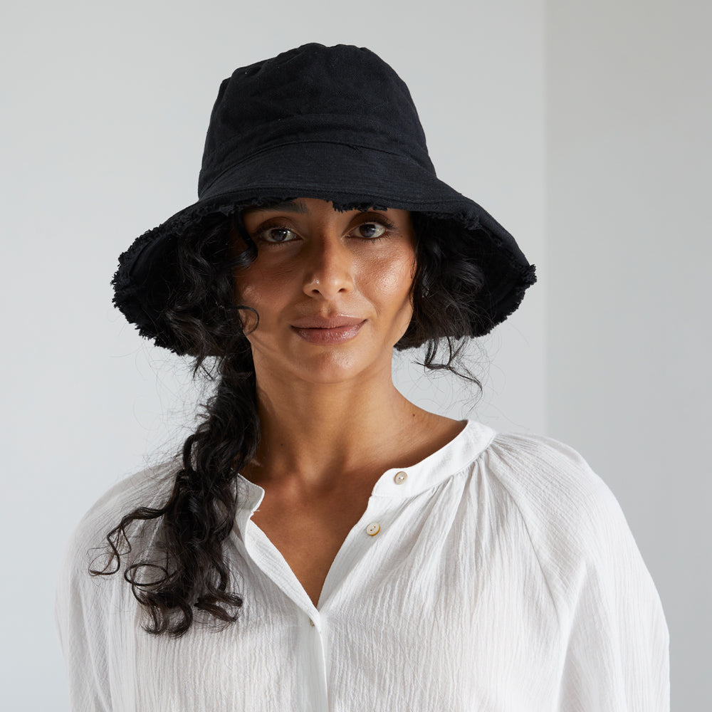 Cotton Frayed Hem Bucket Hat - Black