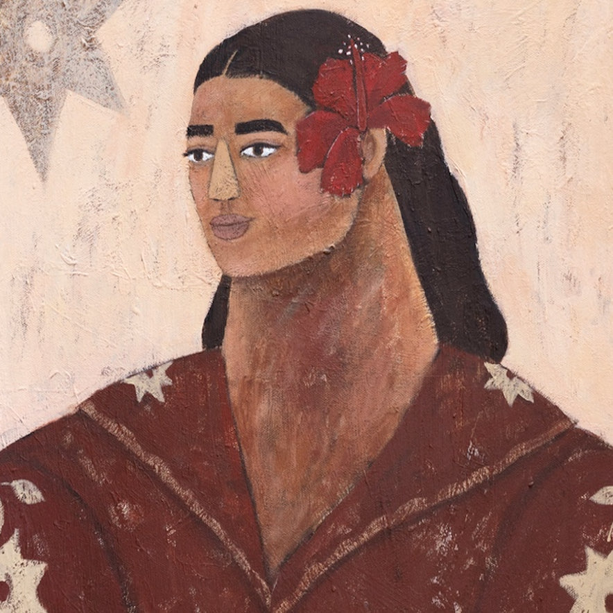 Artistic depiction of a person with a red bow in their hair against a textured beige background